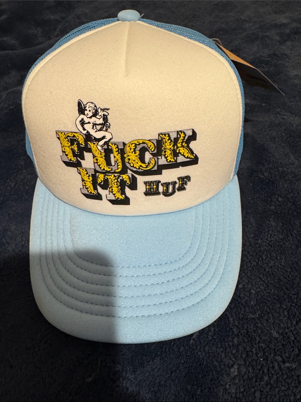 HUF Kids Cream Front Light Blue Trucker Hat with Yellow Graphic